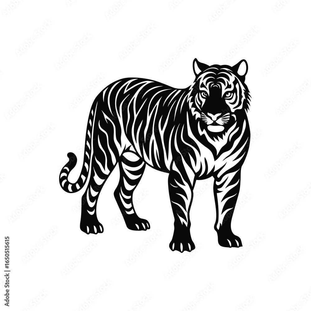 Naklejka premium A striped wild tiger predator with a head full of white fur and black stripes looks like a cartoon illustration