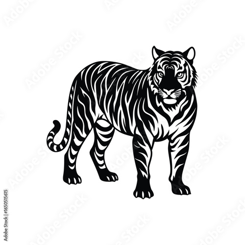 A striped wild tiger predator with a head full of white fur and black stripes looks like a cartoon illustration