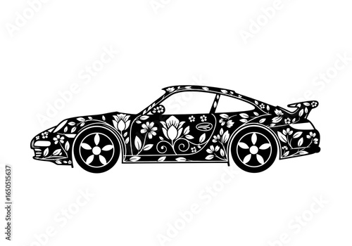 Floral Decorated Sport Car Silhouette.