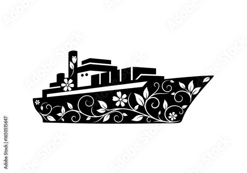 Decorative Black and White Floral Ship Silhouette.