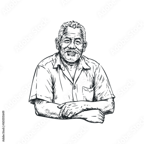 Sketch portrait of a smiling older Latino man with neatly trimmed gray hair