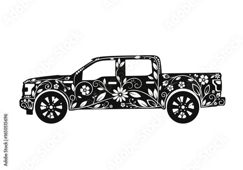 Floral Decorated Pickup Truck Silhouette.