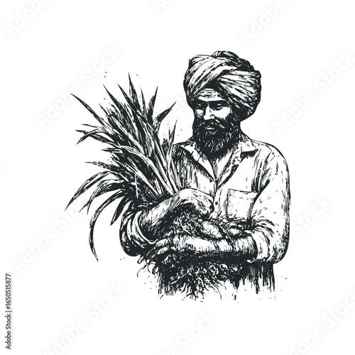 Indian farmer with beard holding harvested sugarcane roots and stalks