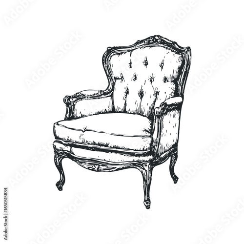 Vintage Armchair Sketch with Ornate Carved Wood Frame and Button Tufted Upholstery
