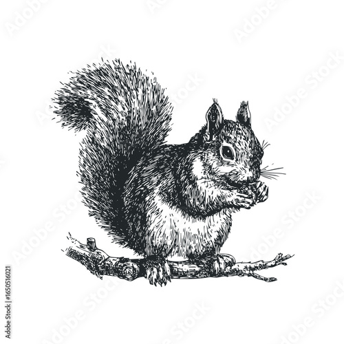 Sketch of a squirrel eating on a branch