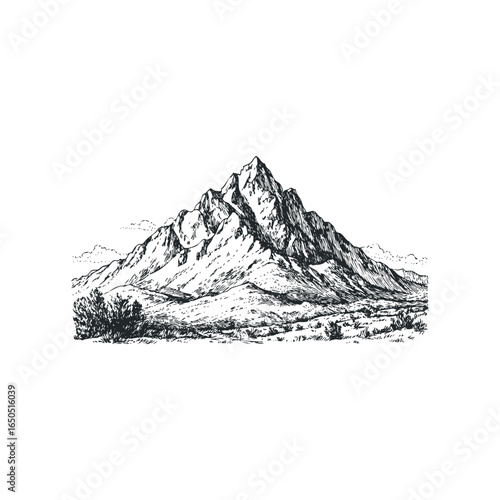 Detailed Ink Sketch of Majestic Mountain Peaks with Rocky Terrain and Sparse Vegetation