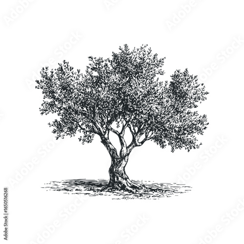 Detailed pen and ink sketch of a mature olive tree with textured trunk and foliage