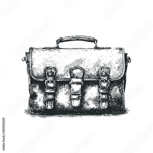 Black and White Sketch of a Vintage Leather Satchel with Buckles and Handle