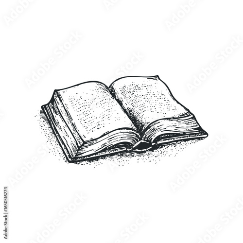 Open hardcover book with aged pages and detailed linework texture
