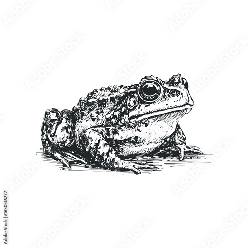 Detailed line drawing of a common toad on a white background