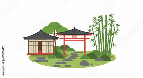 Serene Japanese garden illustration with a traditional teahouse red torii gate and bamboo grove.