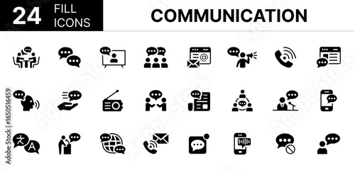 Collection of 24 Communication fill icons featuring editable strokes. These outline icons depict various modes of Communication, Set, Conversation, Message, Contact, Announcement, 