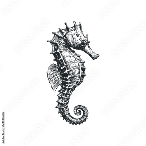 Detailed Engraving of a Seahorse with Curled Tail and Fin