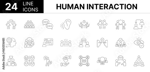Collection of 24 Human interaction line icons featuring editable strokes. These outline icons depict various modes of Human interaction, Communication, People, Connection, Friends, Chat, Bonding,