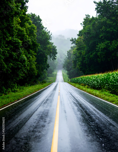 Empty wet road through green forest