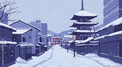 Serene Japanese street during a heavy winter snowfall with a traditional pagoda and torii gate.