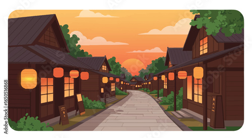 Serene Japanese Village Street with Traditional Wooden Houses and Glowing Lanterns at Sunset.