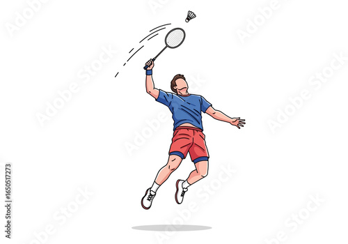 A badminton player in midair racket up about to hit the shuttlecock