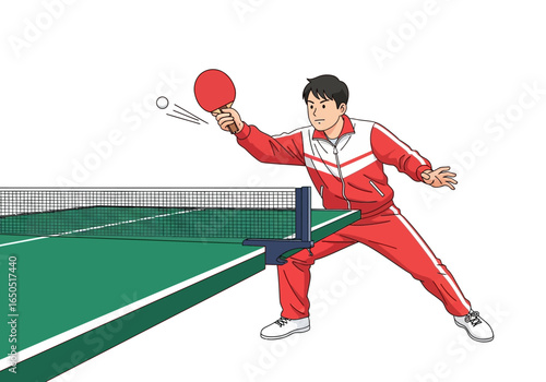 A man in red sportswear playing ping pong with a red paddle