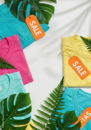 Vibrant Summer Apparel Sale Flat Lay with Tropical Leaves and Colorful T-Shirts.