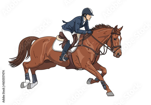 A rider in equestrian gear is shown midjump on a chestnut horse against a white background