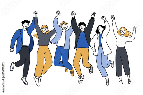 Blue Pink and Yellow Business Team Jumping in Celebration of Success and Goal Achievement
