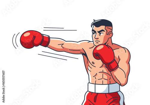 Cartoon boxer striking with red gloves focused and determined wearing red shorts