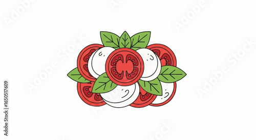 Stylized Caprese salad illustration with sliced red tomatoes fresh mozzarella and green basil leaves.