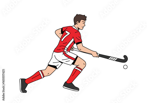 Athlete in red 7 jersey runs with hockey stick ball nearby