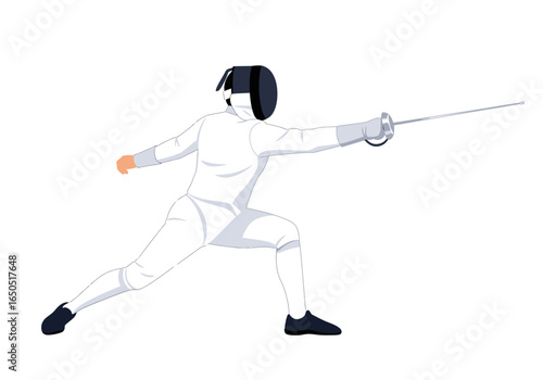 Fencer in white suit with sword lunging forward