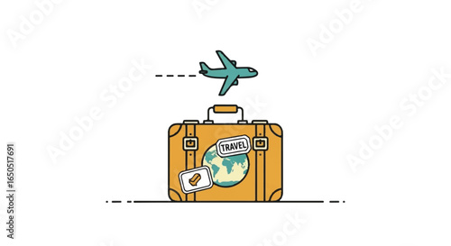 Stylized cartoon illustration of a yellow travel suitcase with stickers and a teal airplane flying.