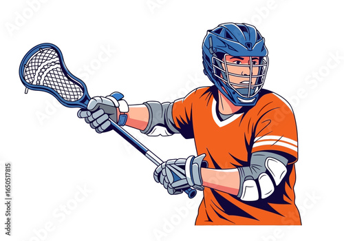 Lacrosse player in orange shirt with blue helmet  gloves holding stick