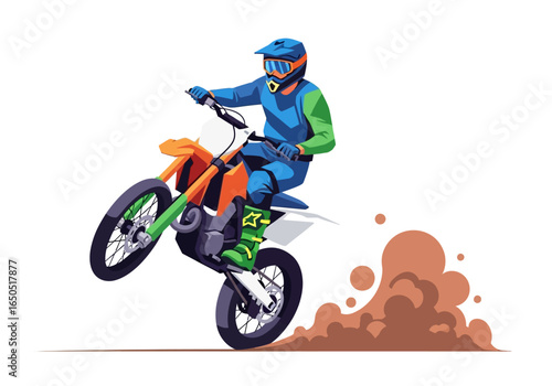 Motorcyclist riding a wheelie dirt flying behind the rear tire