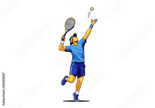 Tennis player tossing the ball in the air to serve holding a tennis racket