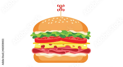 Tall layered deli sandwich with ham Swiss cheese and vegetables on a sesame seed bun secured with a red and white toothpick.