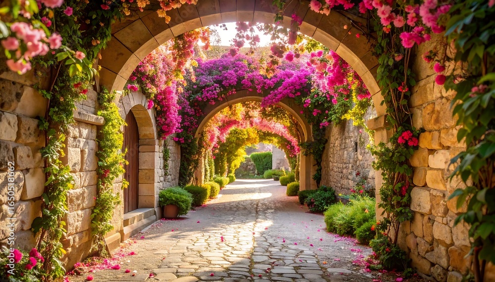 Fototapeta premium Sunlit stone path arches draped in vibrant pink and purple flowers