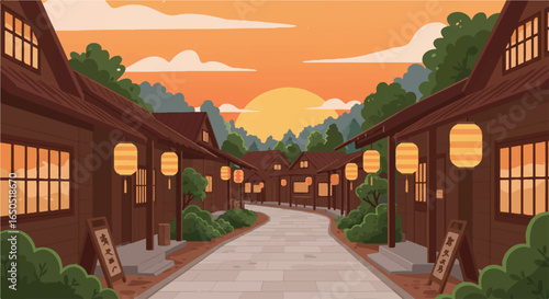 Traditional Asian village street with wooden houses and paper lanterns at sunset a serene cartoon illustration.