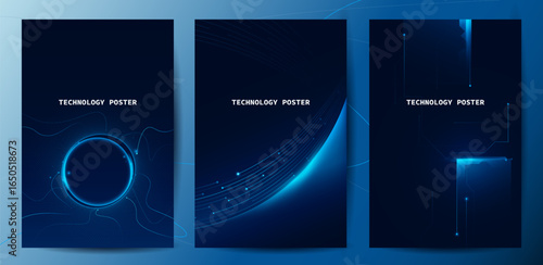 Futuristic digital blue line technology poster, glowing lines innovation and connection network background for tech event poster or presentation product business