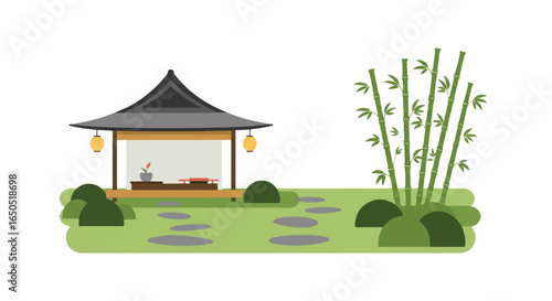 Traditional Japanese garden illustration with a serene teahouse bamboo grove and stone path.