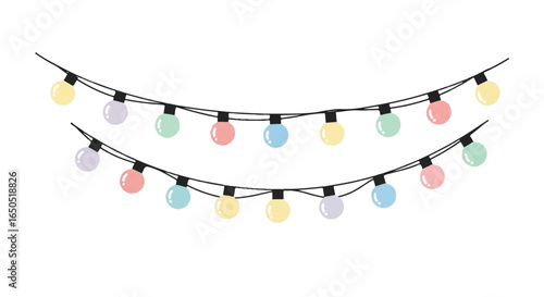 Two hanging strings of festive party lights with round pastelcolored bulbs on a black wire.