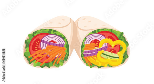 Two fresh vegetable tortilla wraps filled with lettuce tomato onion and bell pepper.