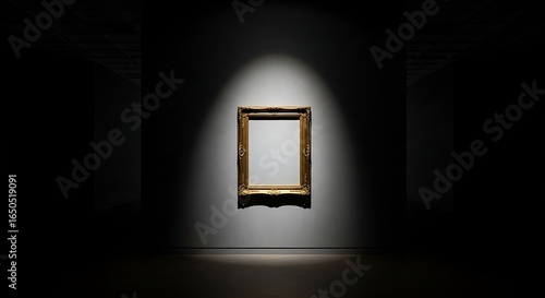 An ornate, empty gold picture frame hangs on a dark wall, illuminated by a single spotlight.