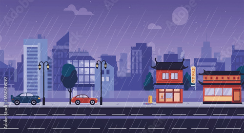 Vector illustration of a rainy city street at night with Asianstyle architecture and cars.