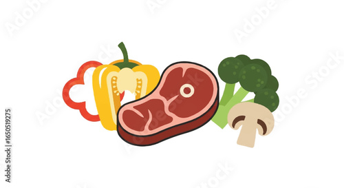 Vibrant flat vector illustration of raw steak bell peppers broccoli and mushroom ingredients.