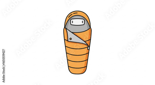 Vibrant orange mummystyle sleeping bag with a hood zipper and horizontal baffles depicted in a simple cartoon style.