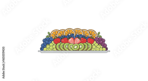 Vibrant illustrated fruit platter with sliced oranges kiwi strawberries and grapes.