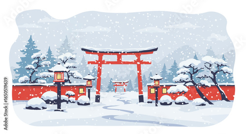 Vibrant Red Torii Gate in a Japanese Garden During a Snowy Winter Day Illustration.