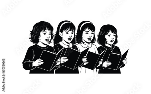 Silhouette of a childrens choir singing christmas carols isolated on white background, perfect for holiday and winter themes