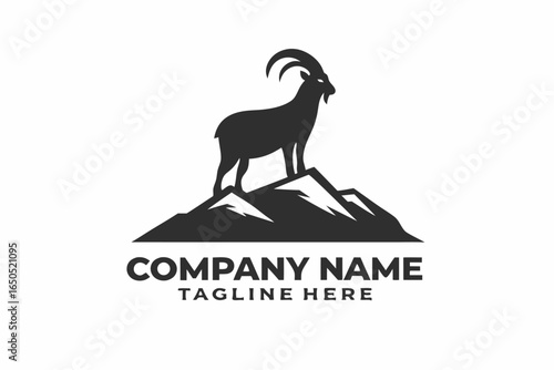 Goat Silhouette Standing Proudly on Mountain Peak on White Background