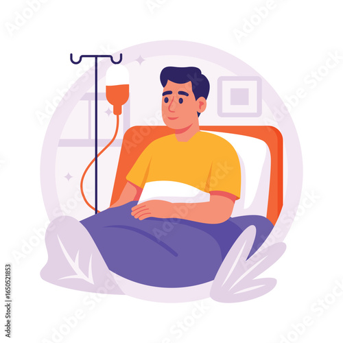 Flat illustration of a man in a hospital bed, receiving an intravenous drip.